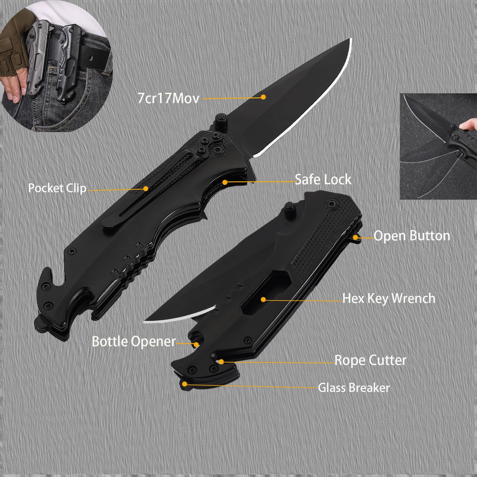 Foxwrta Pocket knife,Knives for Men Tactical with 7Cr17 Stainless Steel 3.95” Blade,EDC Pocket Knives with Clip for Camping,Fishing,Hunting,Survival and Outdoor Activities-Good for Mens Gift