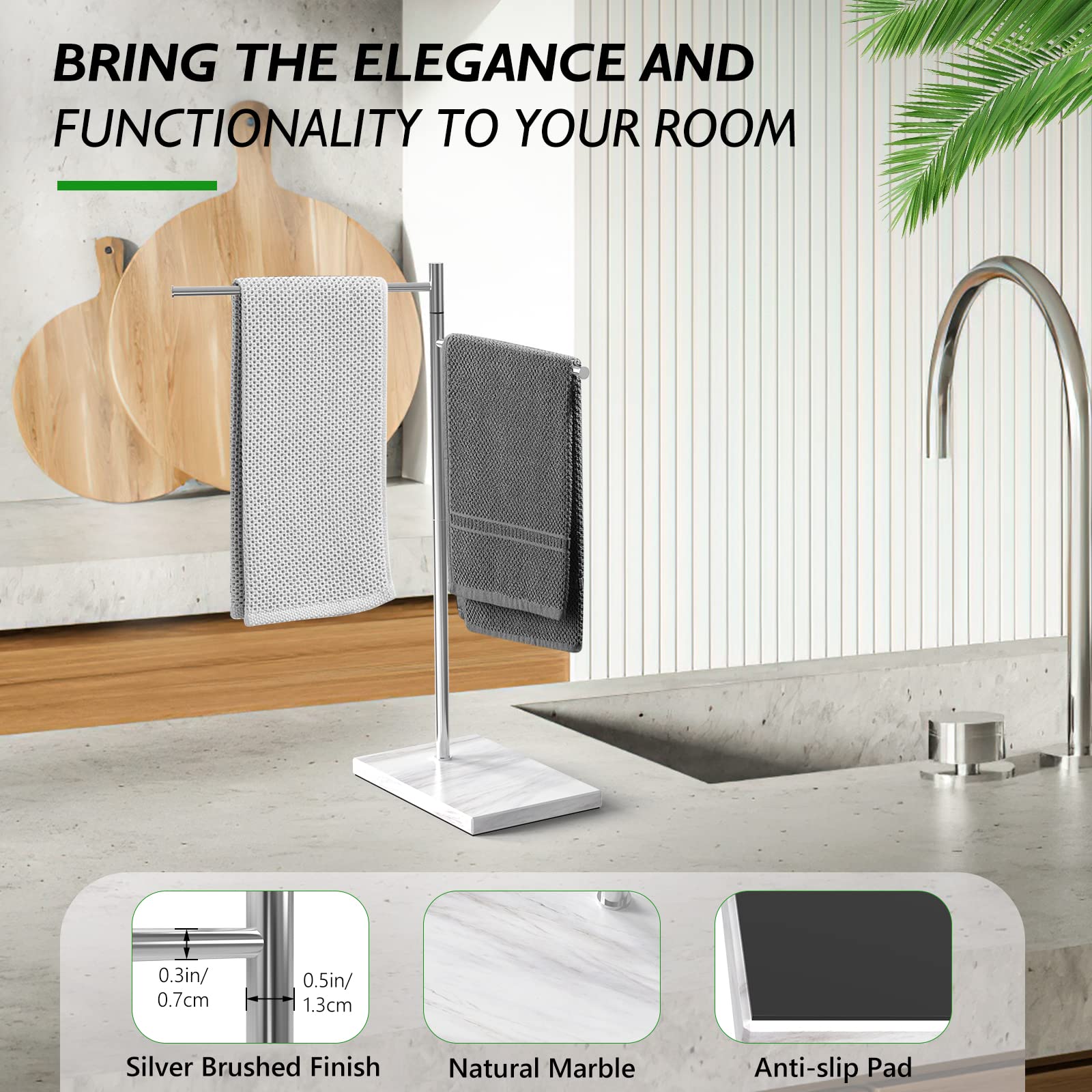 Luxspire Marble Hand Towel Holder, Free Standing Hand Towel Stand, 𝙉𝙖𝙩𝙪𝙧𝙖𝙡 Marble Base Countertop Towel Stand Stainless Steel Swivel Towel Rack for Bathroom Kitchen Countertop, F-Shape