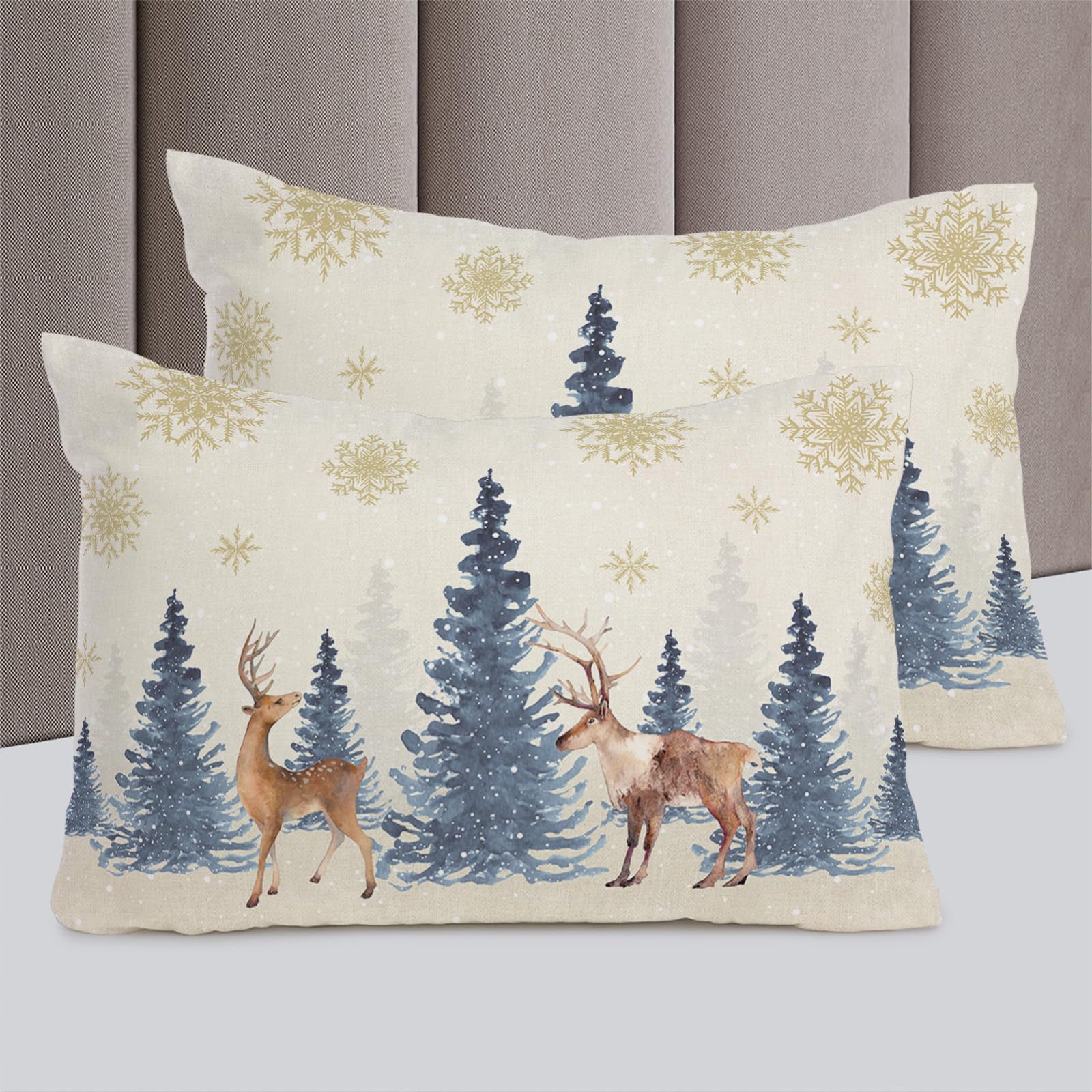 Christmas Elk Duvet Cover Set 3 Pieces with Zipper Closure, Navy Blue Ombre Xmas Tree Bedding Sets 1 Duvet Cover & 2 Pillow Cases, Deer Winter Snowflake Comforter Cover Set Duvet Cover California King