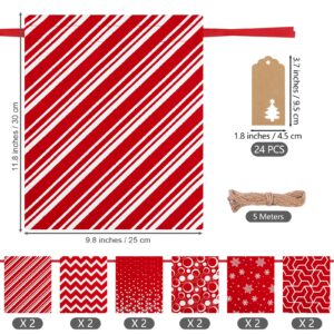 MIMIND 12 Pieces Christmas Drawstring Gift Bags Red and White Cotton Fabric Christmas Gift Bags with Drawstring 12 x 10 Inch Christmas Party Favor Bags for Christmas Party Supplies, 6 Designs