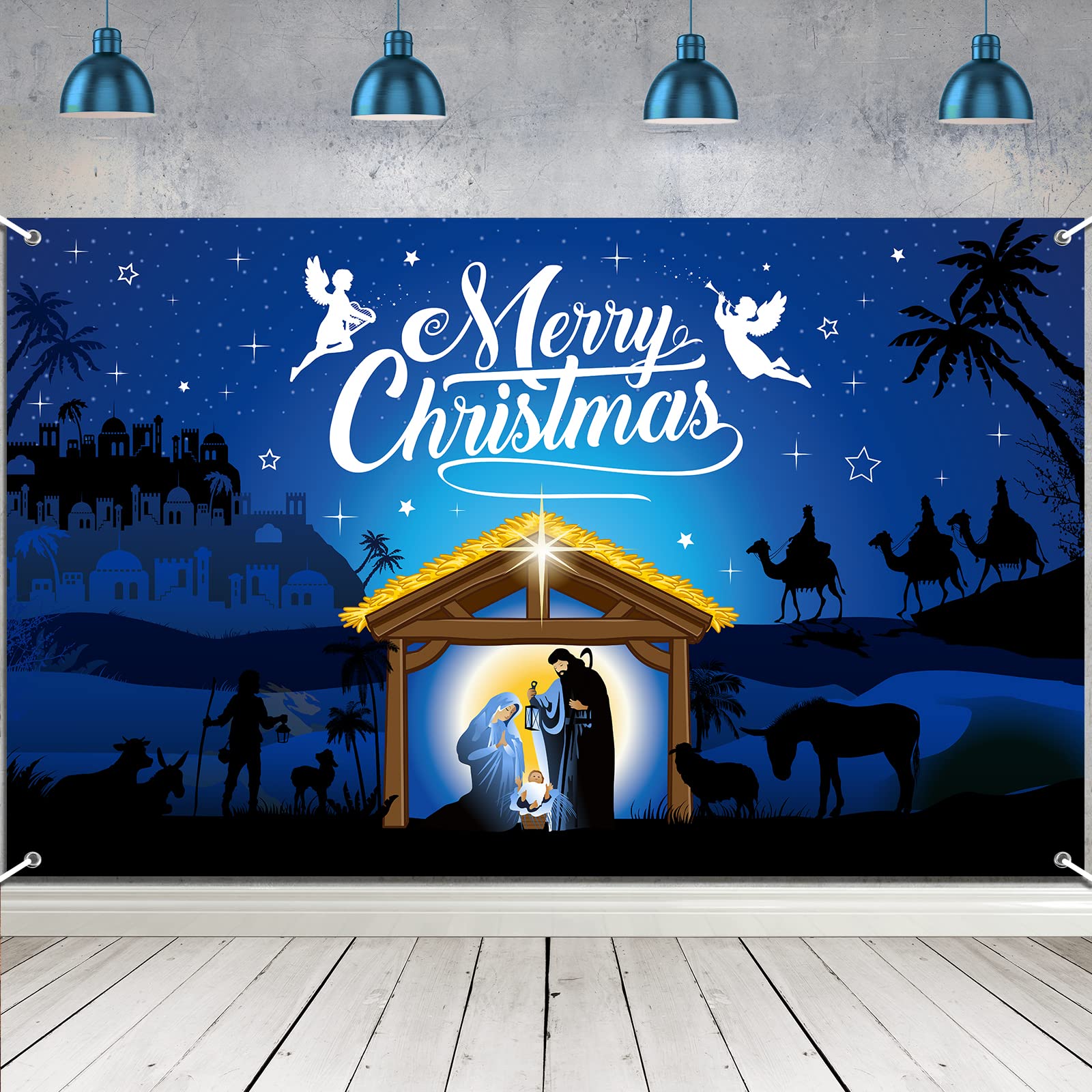 Christmas Nativity Backdrop Decoration, Merry Christmas Outdoor Religious Nativity Scene Banner, Holy Night Photo Booth Background Xmas Photography for Holiday Xmas Winter New Year Party, 43 x 73 Inch