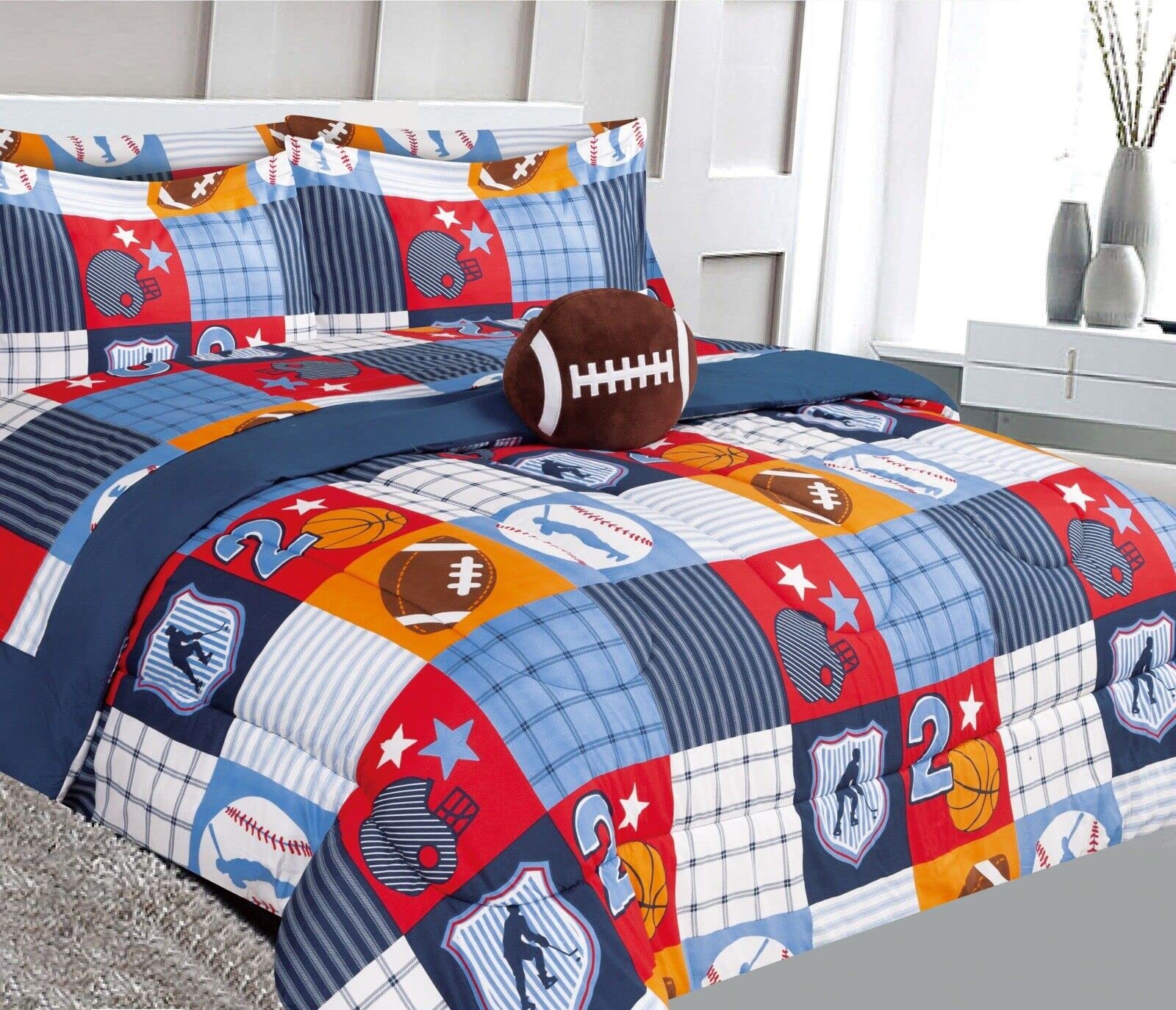 6 Piece Twin Girl Boy Teenager Toodler Comforter Bedding Bed in a Bag Complete Set Printed Comforter Sheets Pillowsham and Decorative Pillow (Patchwork Sports)