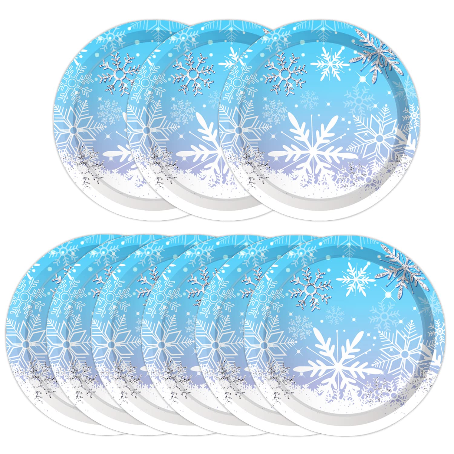 ipalmay Snowflake Party Plates Serves 24, Winter Snow Themed Disposable Paper Plates for Christmas, Holiday Celebration, Baby Shower, Wedding, Bridal Shower, New Year Blue White Party Supply