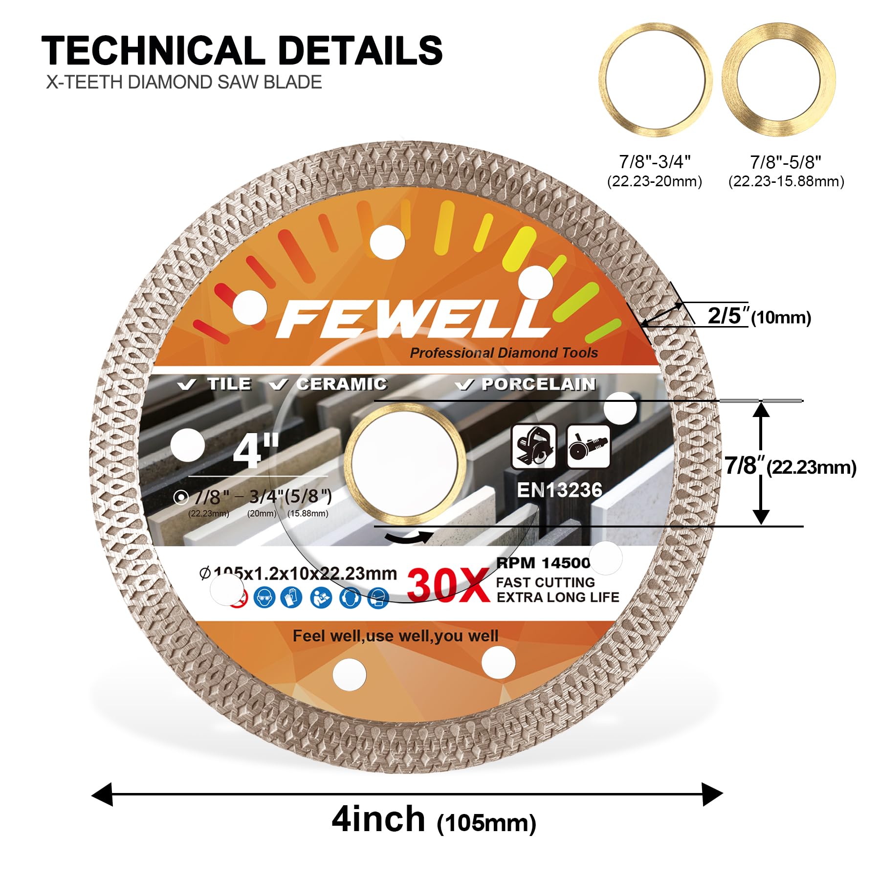 FEWELL 4.5 inch disc Super Thin 1.2mm Diamond Saw Blade, X-Teeth Diamond Dry/Wet Cutting Wheel Blade for Porcelain, Tile and Ceramic (1-Pack)