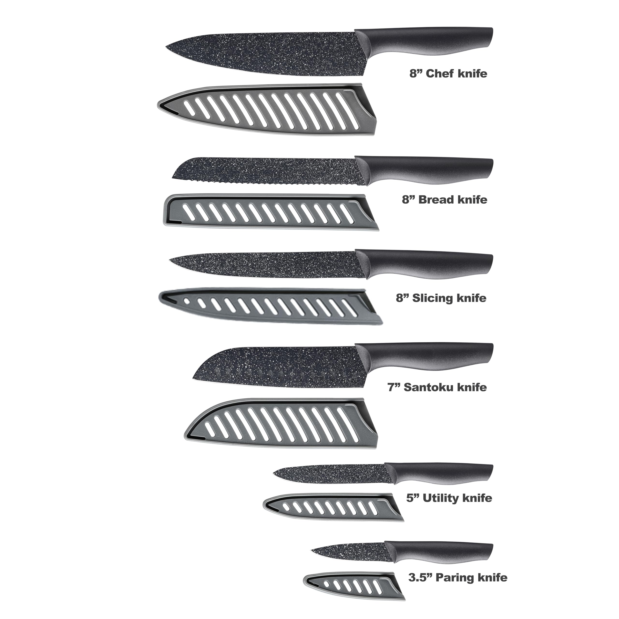 Marco Almond Kitchen Knife Set, KYA39 12-Piece Chef Knife Sets, 6 Knives with 6 Blade Guards, Stainless Steel Knives Set for Kitchen with Covers, Black