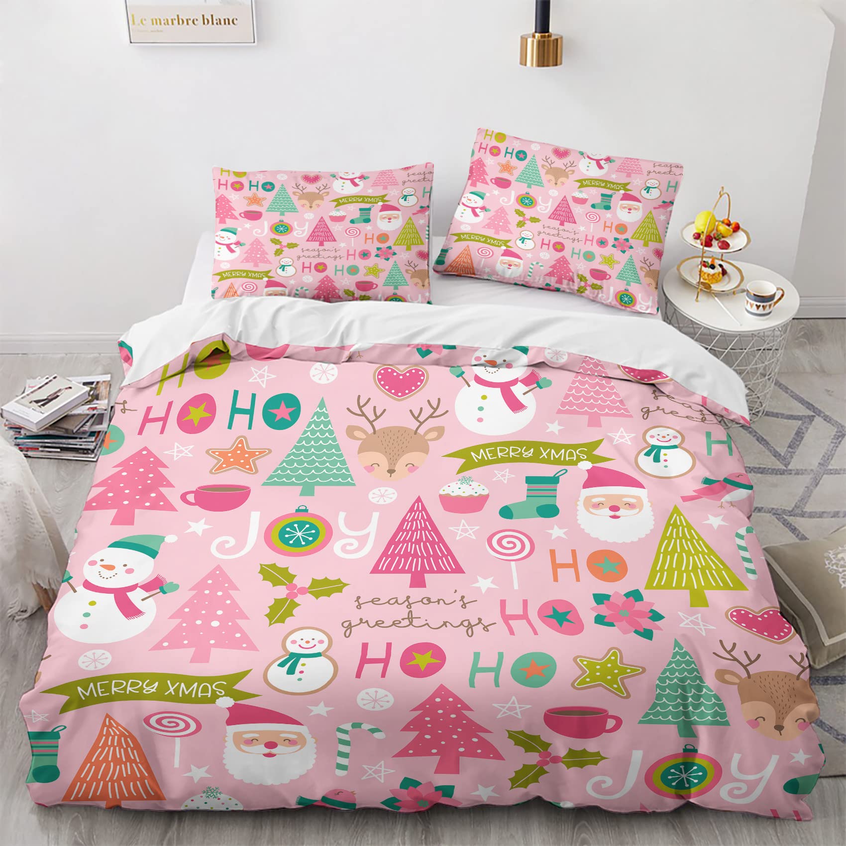 Pink Christmas Duvet Cover Twin Size Set - Kids Girls Christmas Bedding Bedroom Decor, Comforter Cover & 1 Pillowcase 2 Pieces - Cartoon Santa Theme, New Year, Lovely Home Collection Quilt Cover