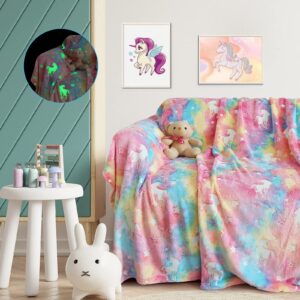 Ranedo Glow in The Dark Blanket 60" x 75", Unicorn Throw Blanket Kids Cozy Blanket Flannel Fleece Blanket, All Seasons Blanket Christmas Holiday Birthday Gifts for Teen Kids Girls Boys, Pink