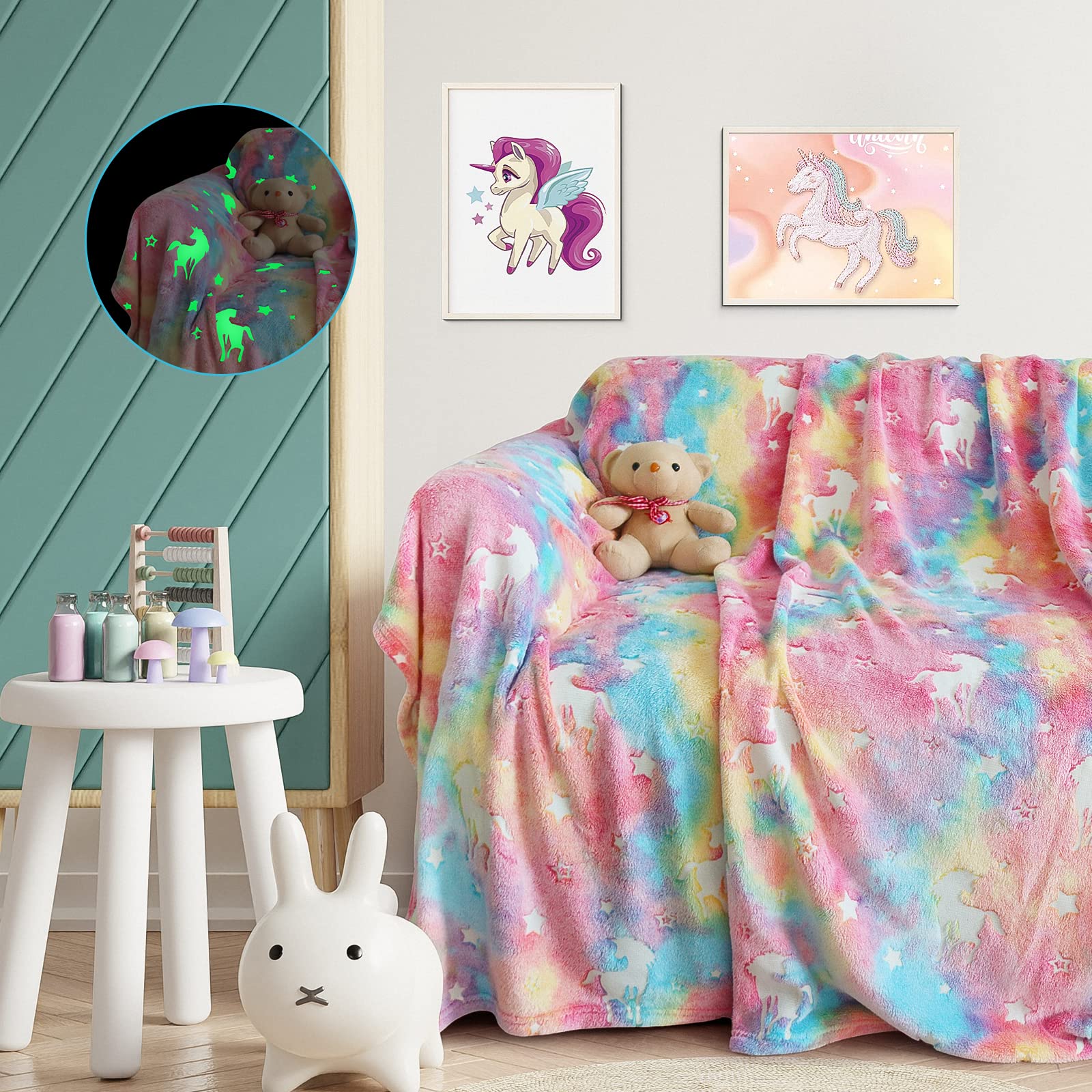 Ranedo Glow in The Dark Blanket 60" x 75", Unicorn Throw Blanket Kids Cozy Blanket Flannel Fleece Blanket, All Seasons Blanket Christmas Holiday Birthday Gifts for Teen Kids Girls Boys, Pink