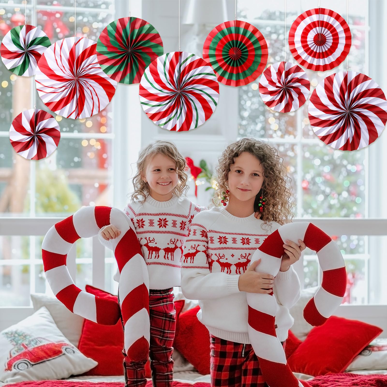 Outus Christmas Hanging Decorations Candy Paper Fans Peppermint Hanging Paper Fans Candy Cane Ceiling Wall Decor for Christmas Party Classroom Birthday Party(9 Pcs,Sweet)