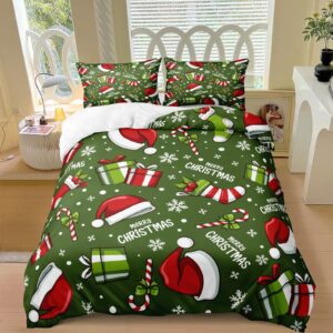 Christmas Bedding Green Christmas Duvet Cover Set Christmas Hat Stocking Printed Xmas Festival Bedding Set Queen 1 Duvet Cover 2 Pillowcases (Queen, Christmas)