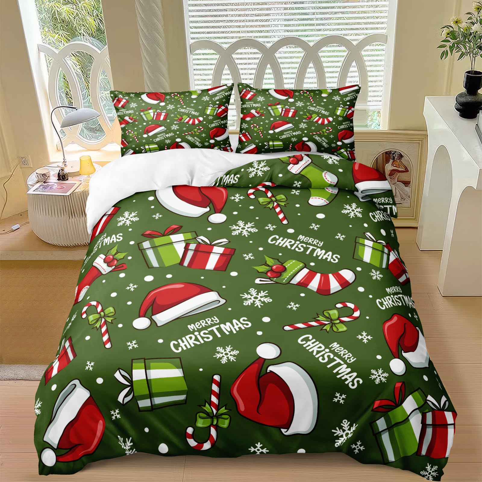 Christmas Bedding Green Christmas Duvet Cover Set Christmas Hat Stocking Printed Xmas Festival Bedding Set Queen 1 Duvet Cover 2 Pillowcases (Queen, Christmas)