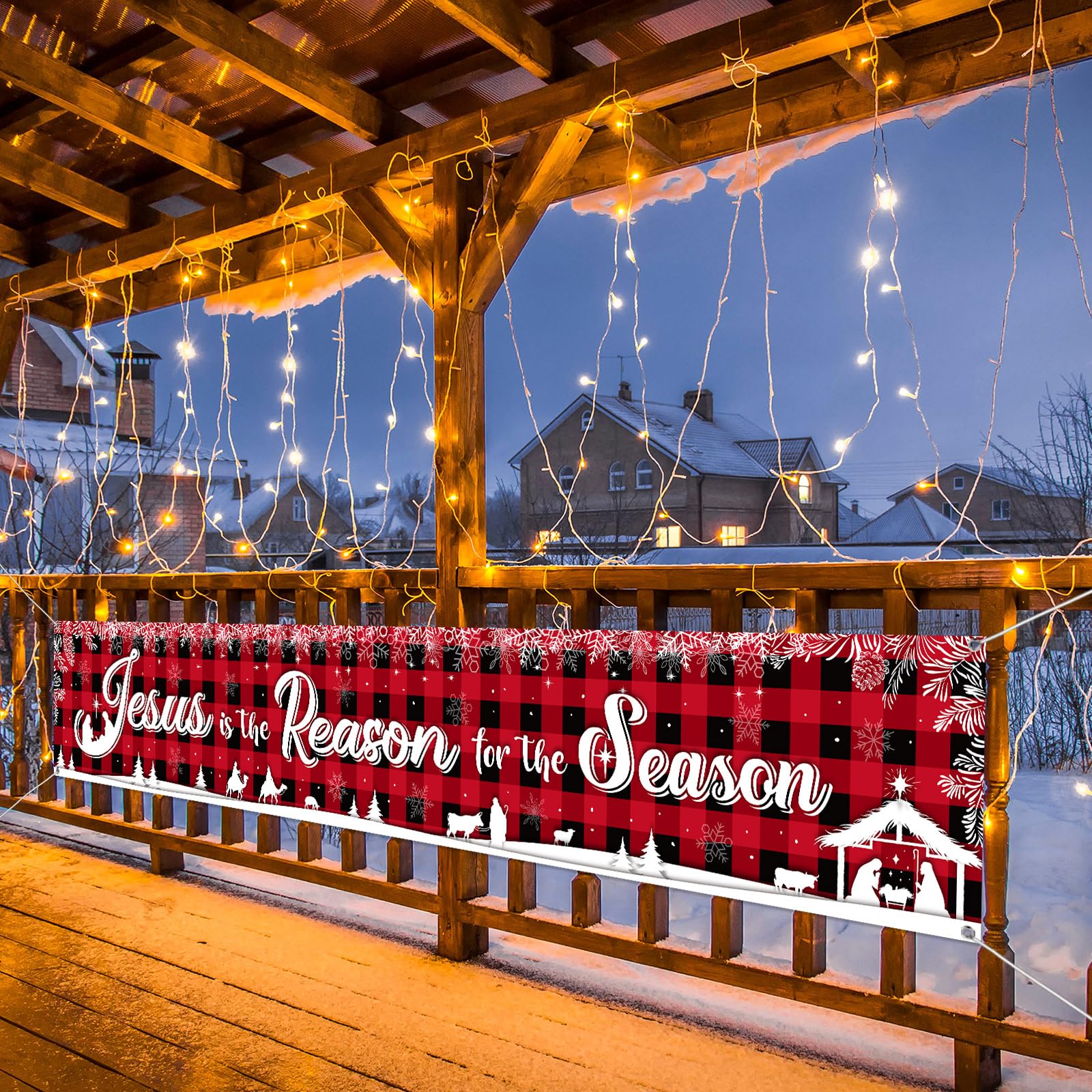 Holy Nativity Christmas Banner Manger Scene Religious Christmas Yard Banner Jesus Is the Reason for the Season Banner Red Buffalo Plaid Hanging Banner for Xmas Winter Holiday Outdoor Indoor Decoration