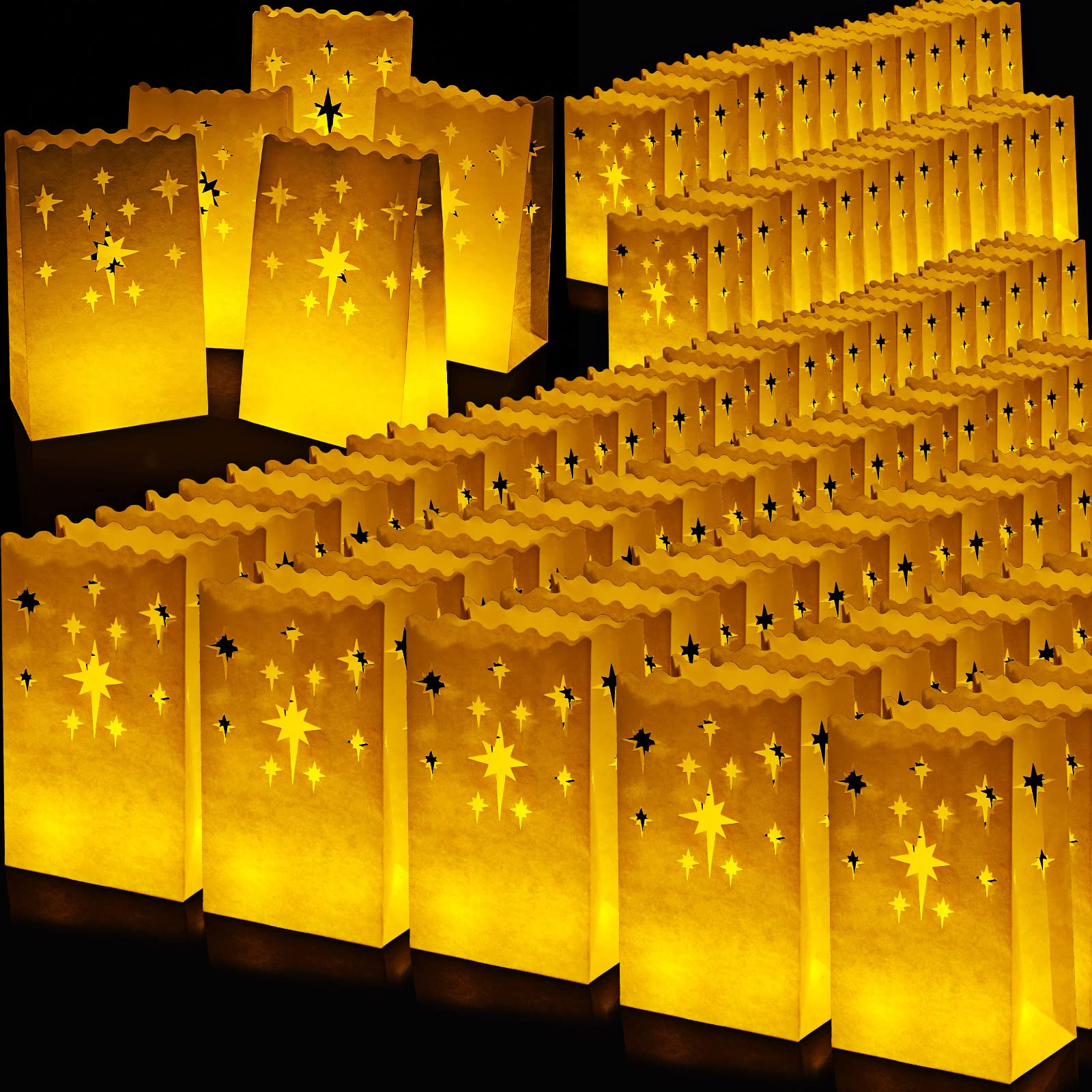 100 Pcs White Luminary Bags Christmas Luminaries Flame Resistant Candle Bags Reusable Paper Lantern Bags for Christmas Wedding Thanksgiving New Year Valentine's Day Diwali Party Decor (Star)