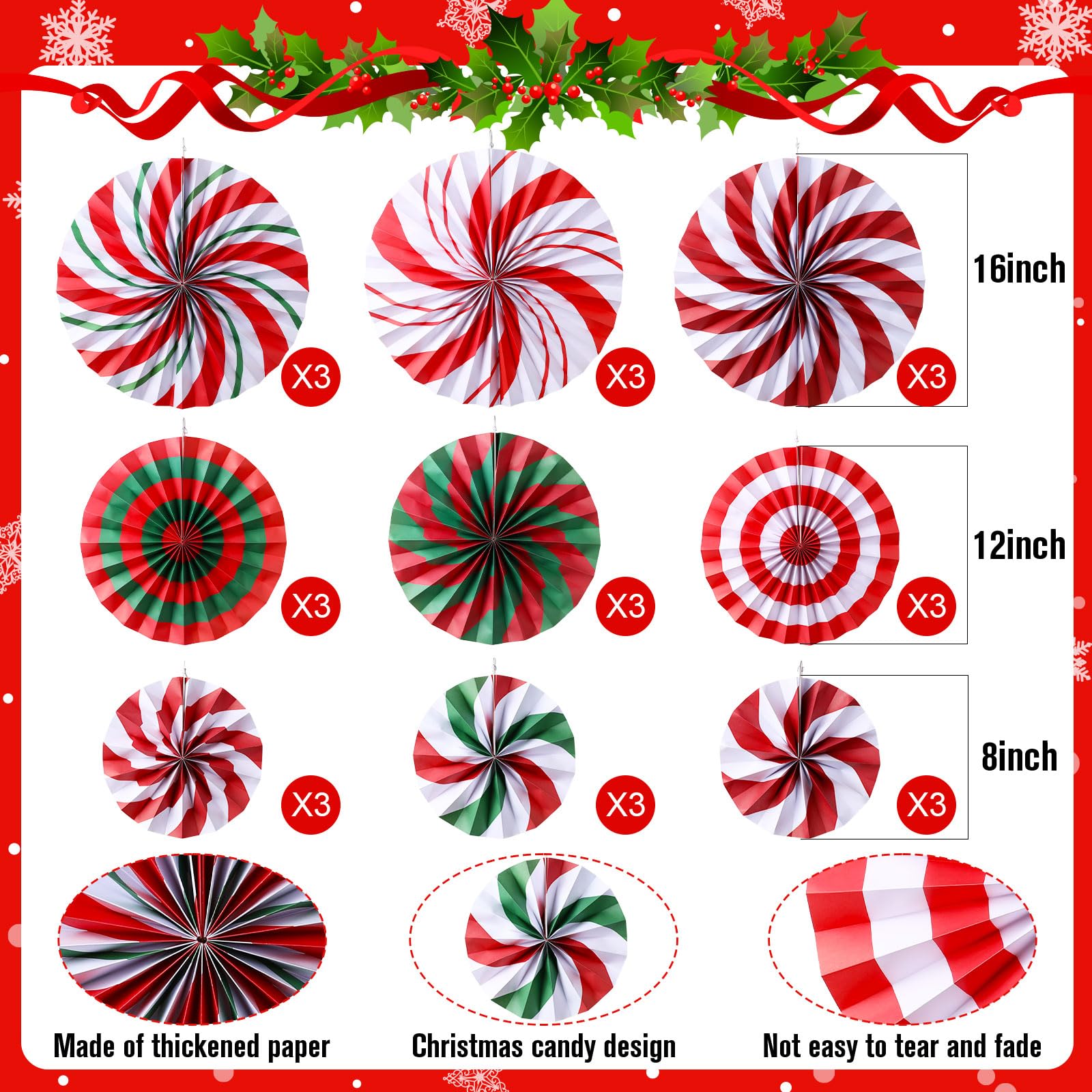 Outus Christmas Hanging Decorations Candy Paper Fans Peppermint Hanging Paper Fans Candy Cane Ceiling Wall Decor for Christmas Party Classroom Birthday Party(9 Pcs,Sweet)