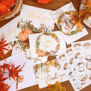 AnyDesign 30 Pack Fall Gold Foil Thank You Cards Bulk Watercolor Maple Leaves Pumpkin Greeting Cards with Envelopes Stickers Blank Note Cards for Autumn Thanksgiving Baby Shower