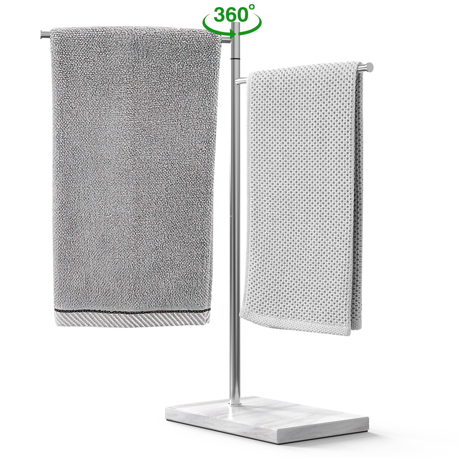 Luxspire Marble Hand Towel Holder, Free Standing Hand Towel Stand, 𝙉𝙖𝙩𝙪𝙧𝙖𝙡 Marble Base Countertop Towel Stand Stainless Steel Swivel Towel Rack for Bathroom Kitchen Countertop, F-Shape