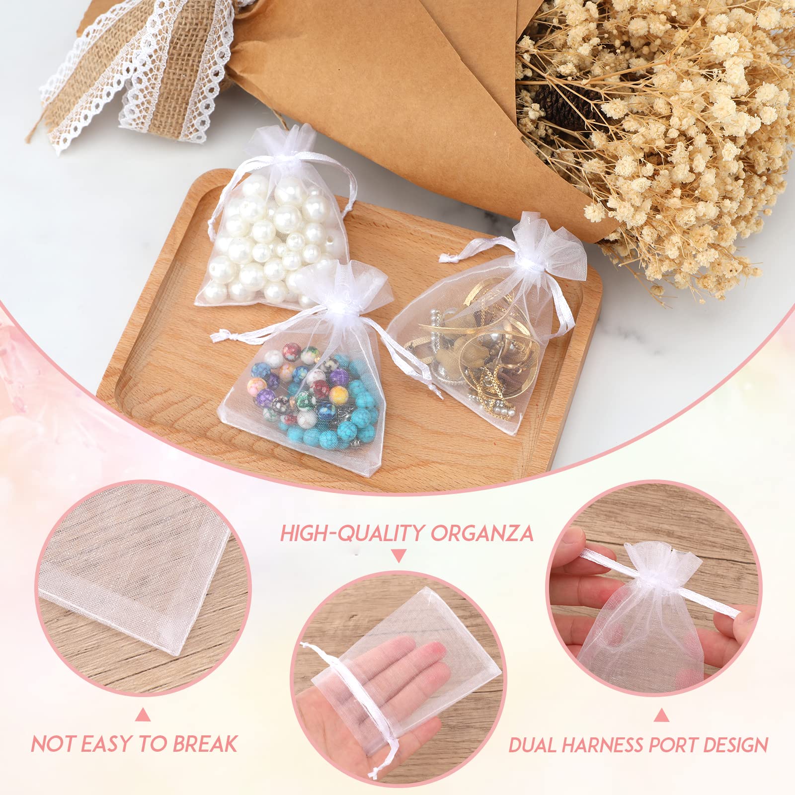 joycraft 50Pcs Organza Bags, 2x3 inch Gift Favor Bags, White Wedding Favor Bags, Jewelry Pouches with Drawstring, Mesh Bags Drawstring for Jewelry, Festival, Makeup, Candy, Desserts