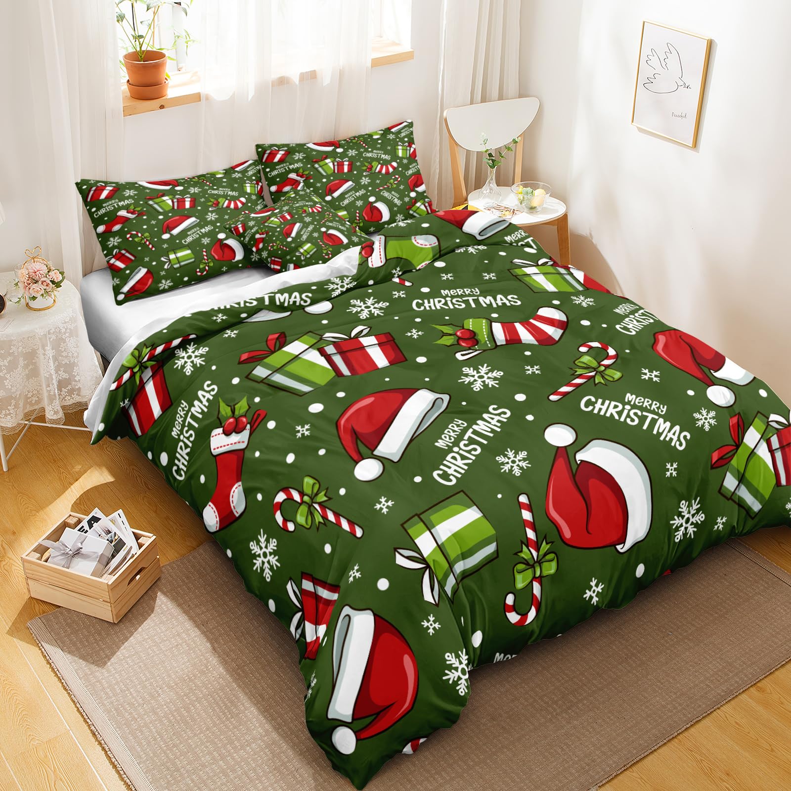 Christmas Bedding Green Christmas Duvet Cover Set Christmas Hat Stocking Printed Xmas Festival Bedding Set Queen 1 Duvet Cover 2 Pillowcases (Queen, Christmas)