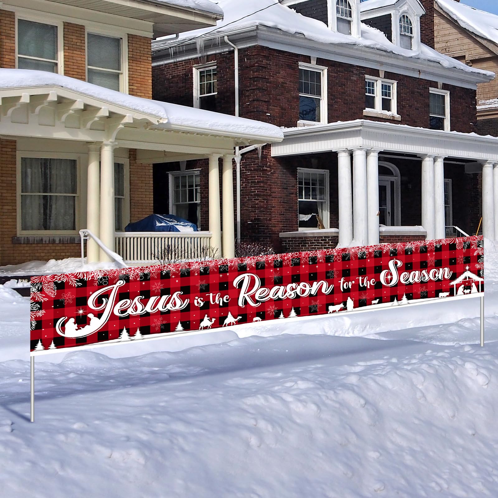 Holy Nativity Christmas Banner Manger Scene Religious Christmas Yard Banner Jesus Is the Reason for the Season Banner Red Buffalo Plaid Hanging Banner for Xmas Winter Holiday Outdoor Indoor Decoration