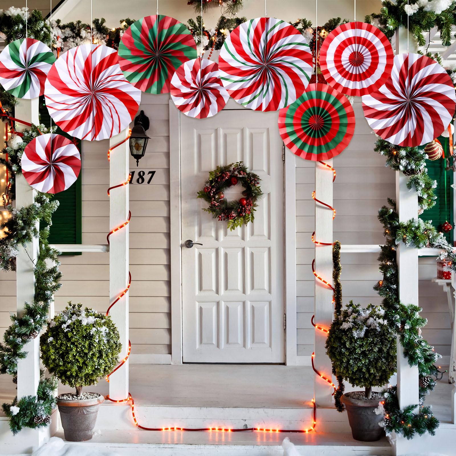 Outus Christmas Hanging Decorations Candy Paper Fans Peppermint Hanging Paper Fans Candy Cane Ceiling Wall Decor for Christmas Party Classroom Birthday Party(9 Pcs,Sweet)