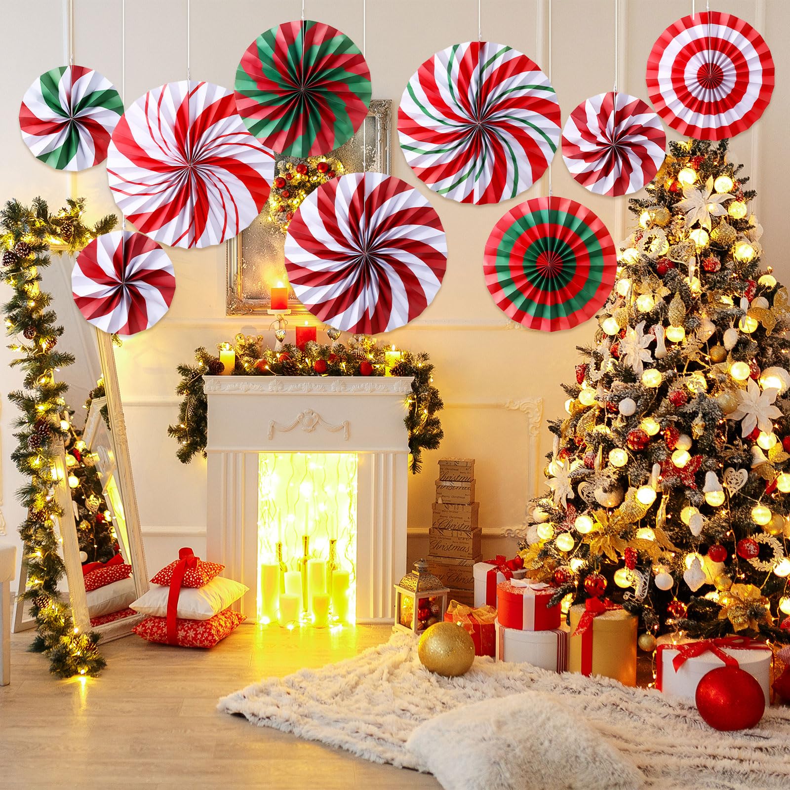 Outus Christmas Hanging Decorations Candy Paper Fans Peppermint Hanging Paper Fans Candy Cane Ceiling Wall Decor for Christmas Party Classroom Birthday Party(9 Pcs,Sweet)