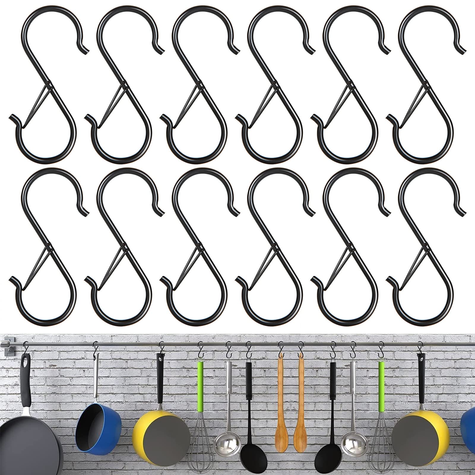 ACXFOND 36PCS S Hooks for Hanging, Black S Hooks with Safety Buckle 3.5 Inch Heavy Duty s Hooks, S Hooks for Hanging Plants, Clothes, Kitchen Utensil, Pots and Pans, Bags