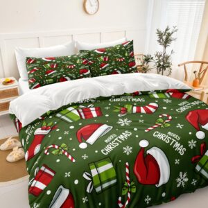 Christmas Bedding Green Christmas Duvet Cover Set Christmas Hat Stocking Printed Xmas Festival Bedding Set Queen 1 Duvet Cover 2 Pillowcases (Queen, Christmas)