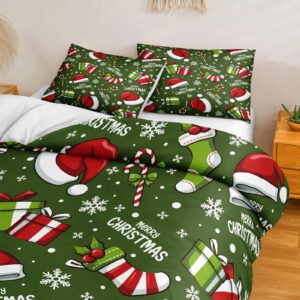 Christmas Bedding Green Christmas Duvet Cover Set Christmas Hat Stocking Printed Xmas Festival Bedding Set Queen 1 Duvet Cover 2 Pillowcases (Queen, Christmas)