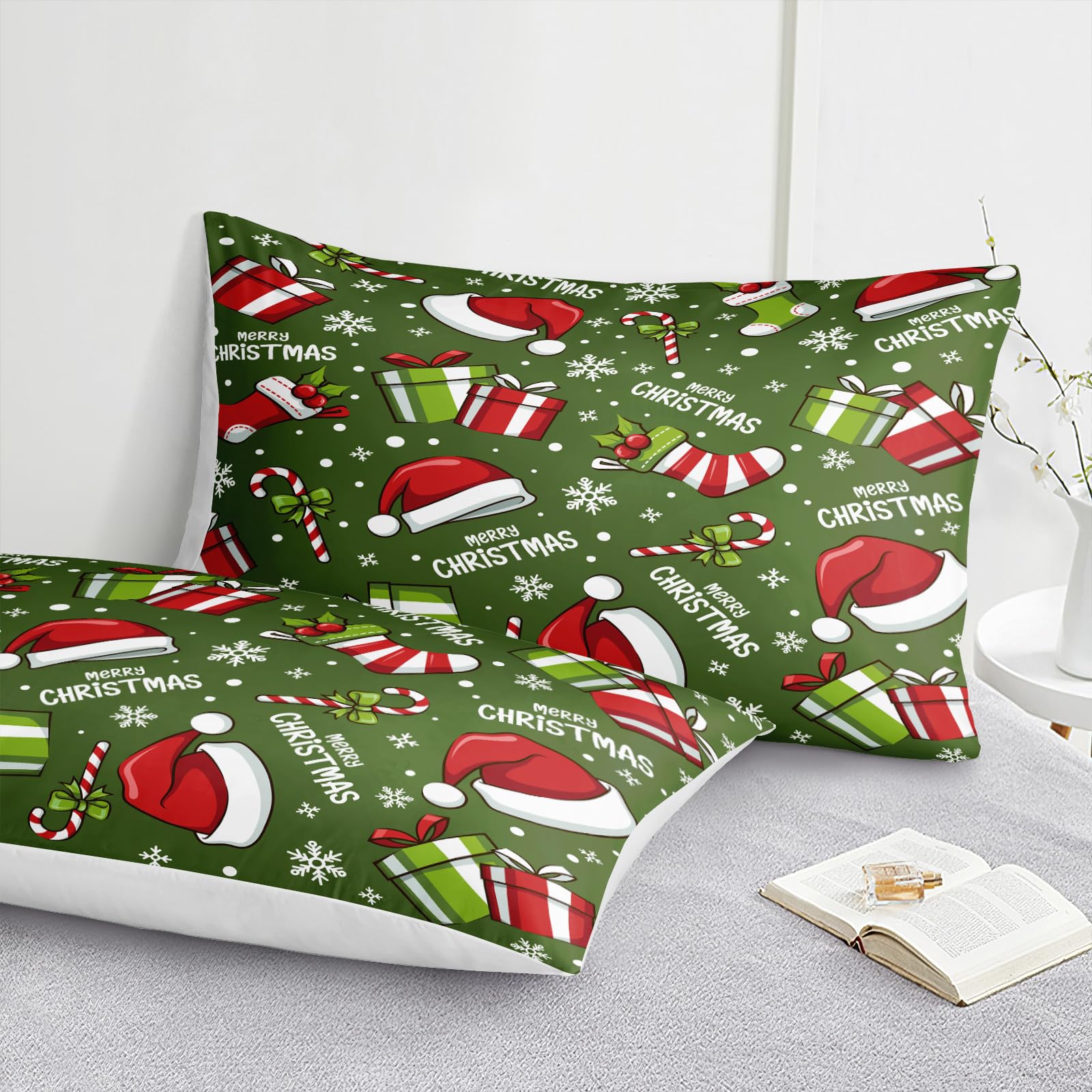 Christmas Bedding Green Christmas Duvet Cover Set Christmas Hat Stocking Printed Xmas Festival Bedding Set Queen 1 Duvet Cover 2 Pillowcases (Queen, Christmas)