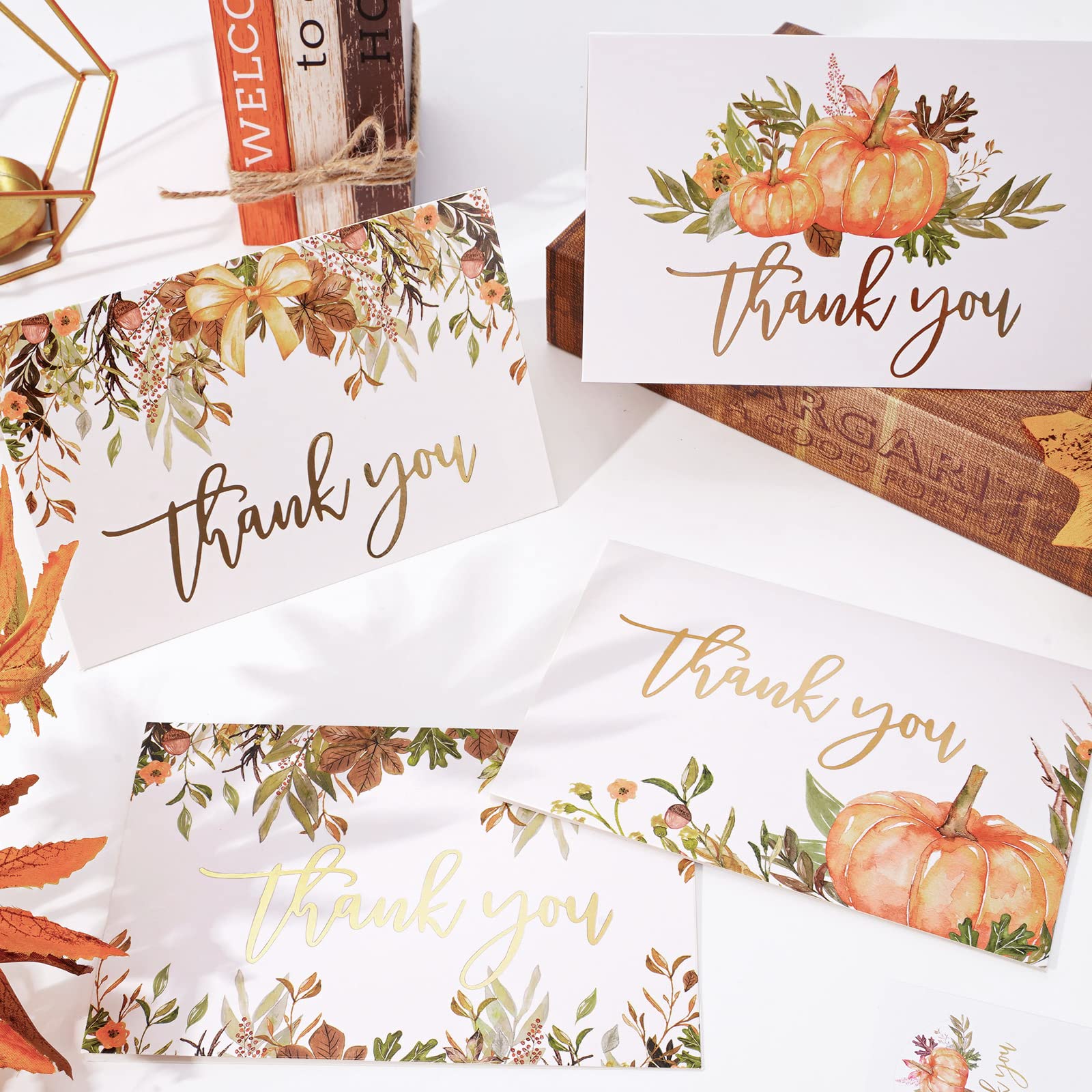 AnyDesign 30 Pack Fall Gold Foil Thank You Cards Bulk Watercolor Maple Leaves Pumpkin Greeting Cards with Envelopes Stickers Blank Note Cards for Autumn Thanksgiving Baby Shower