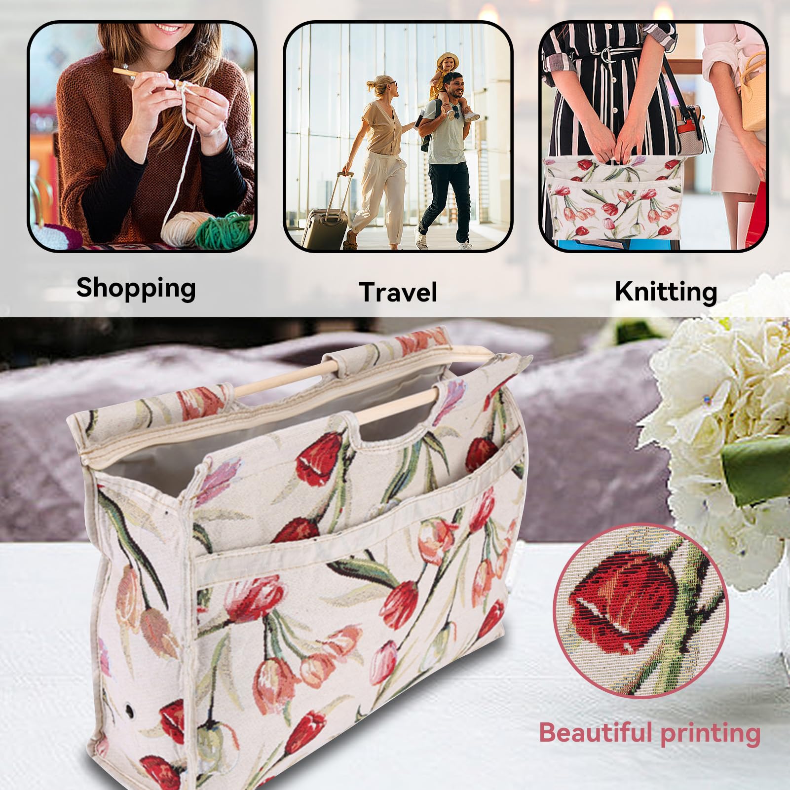 Agatige Knitting Yarn Storage Bag, Wood Handles Knitting Bag Tote Organizer Woven Fabric Storage Bag Travel Yarn Tote Organizer Crochet Bag for Knitting Needles Sewing Tools, 42*30*11cm, Rose Flower