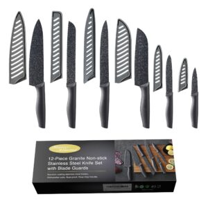 marco almond kitchen knife set, kya39 12-piece chef knife sets, 6 knives with 6 blade guards, stainless steel knives set for kitchen with covers, black