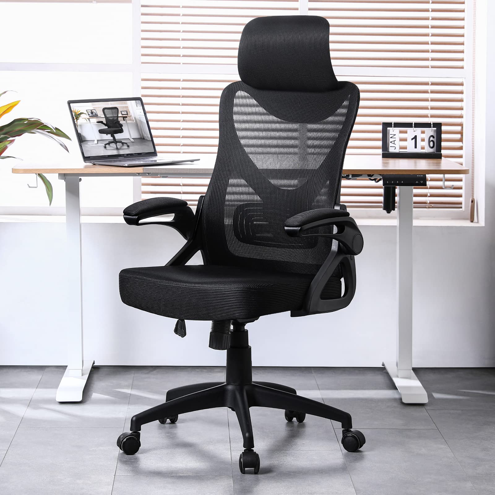 Furnimart Ergonomic Office Chair with Adjustable Headrest & Lumbar Support, Home Office Swivel Task Chair with High Back and Flip-up Armrest