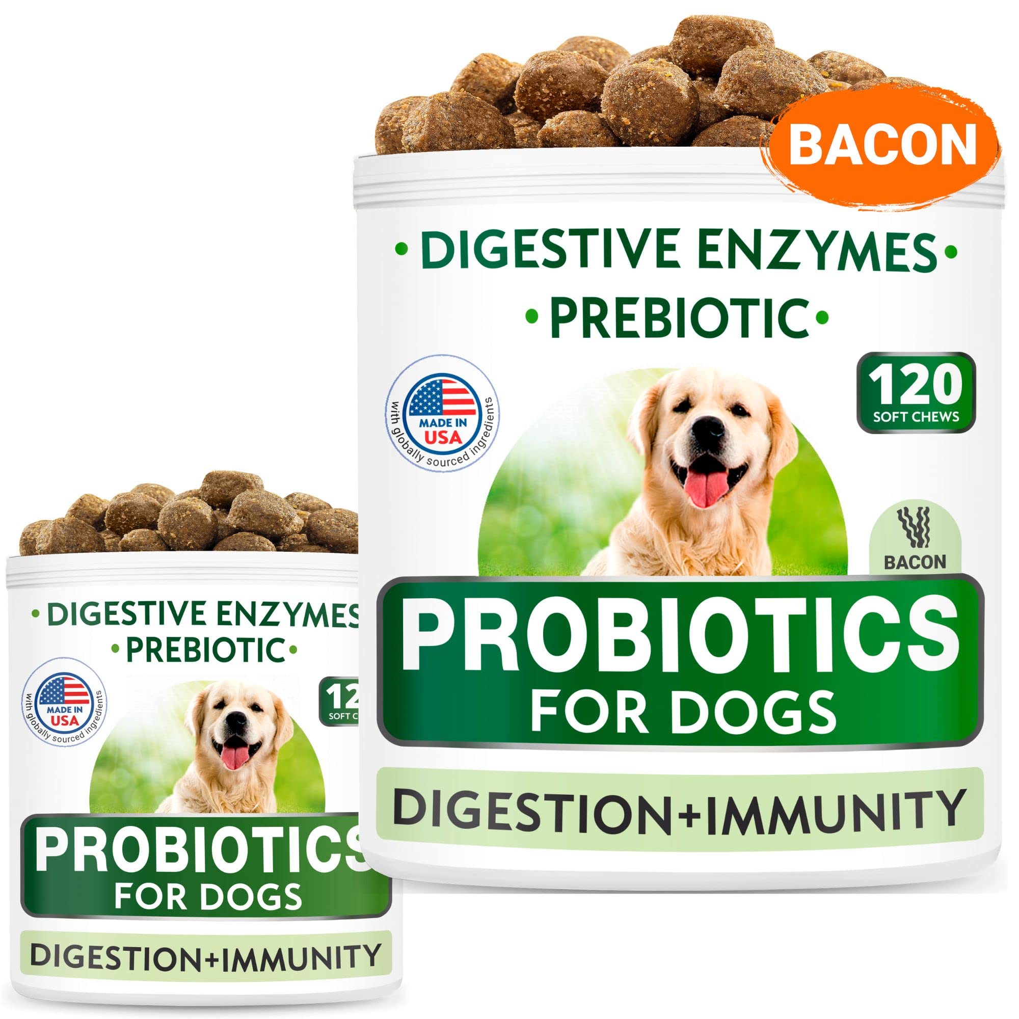 Dog Probiotics Chews Bundle - Gas, Diarrhea, Allergy, Constipation, Upset Stomach Relief - Digestive Enzymes + Prebiotics - Improve Digestion - 120 + 120 Chews - Chicken + Bacon Flavor - Made in USA