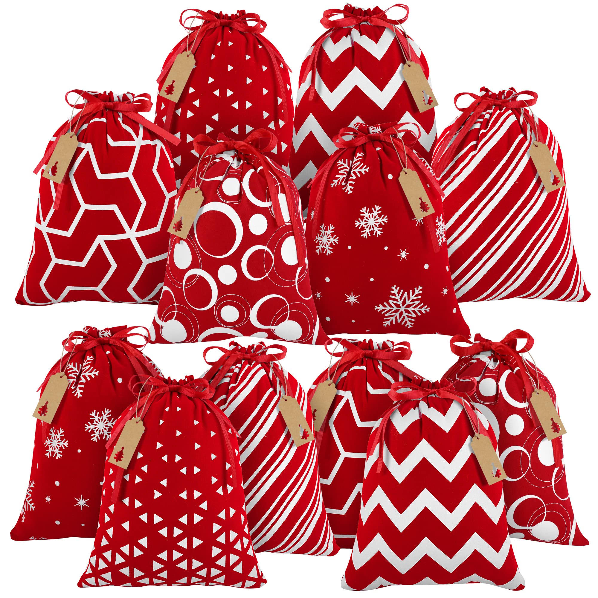 MIMIND 12 Pieces Christmas Drawstring Gift Bags Red and White Cotton Fabric Christmas Gift Bags with Drawstring 12 x 10 Inch Christmas Party Favor Bags for Christmas Party Supplies, 6 Designs