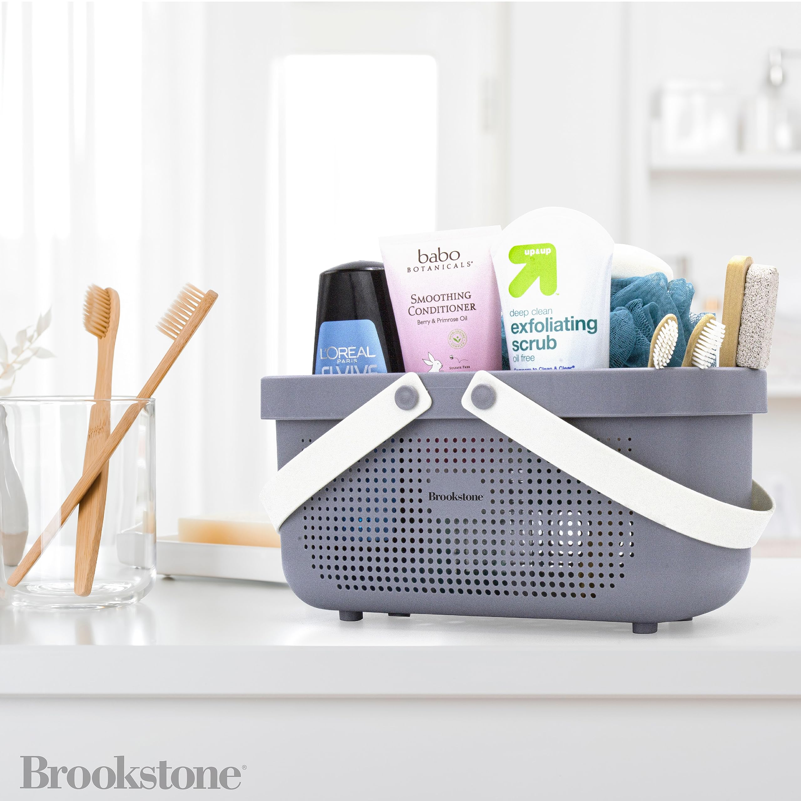 Brookstone BKH1633, Large Portable Shower Caddy with Soft Silicone Carrying Handle, Bathroom Organizer Basket, Plastic Bath Tote, Dries Quickly with Drainage Holes [BPA Free], Gray