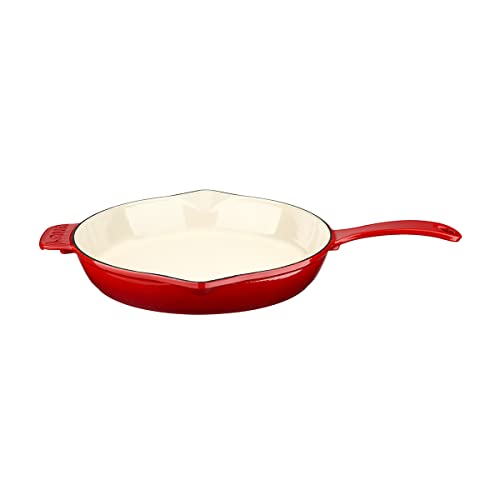 Lava Enameled Cast Iron Ceramic Skillet with Side Drip Spouts - 11 inch Round Frying Pan with White Ceramic Enamel Coated Interior - Edition Series (Red)