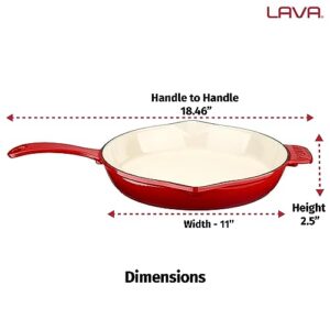 Lava Enameled Cast Iron Ceramic Skillet with Side Drip Spouts - 11 inch Round Frying Pan with White Ceramic Enamel Coated Interior - Edition Series (Red)