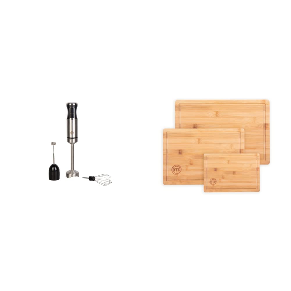 MasterChef Immersion Blender + Cutting Boards Bundle | Handheld Stainless Steel Stick Emulsifier with Attachments + Bamboo Chopping Board Set of 3 for Kitchen