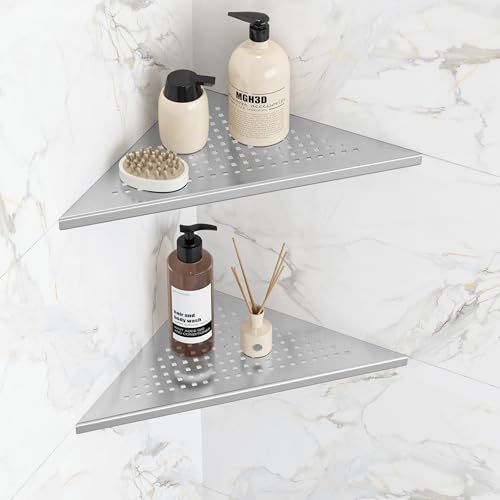 Qeke Corner Shower Shelves, 10” Recessed Tile Shower Shelf Brushed Nickel, 304 Stainless Steel Grout in Corner Tile Shower Shelves, No Drilling, 2 Pack