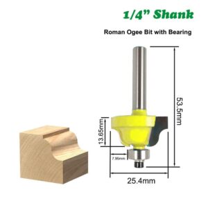 Wilsnsun 1/4 Inch Shank Forming Roundover Beading Router Bit Set Includes Beading Bit, Double Roman Ogee Bit, Roman Ogee Bit with Bearing for Table, Drawer or Cabinet Edges - 1/2" Radius 3Pcs