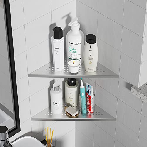 Qeke Corner Shower Shelves, 10” Recessed Tile Shower Shelf Brushed Nickel, 304 Stainless Steel Grout in Corner Tile Shower Shelves, No Drilling, 2 Pack