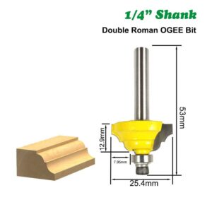 Wilsnsun 1/4 Inch Shank Forming Roundover Beading Router Bit Set Includes Beading Bit, Double Roman Ogee Bit, Roman Ogee Bit with Bearing for Table, Drawer or Cabinet Edges - 1/2" Radius 3Pcs