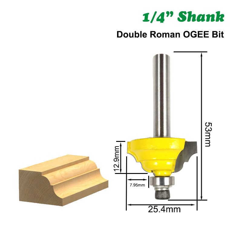 Wilsnsun 1/4 Inch Shank Forming Roundover Beading Router Bit Set Includes Beading Bit, Double Roman Ogee Bit, Roman Ogee Bit with Bearing for Table, Drawer or Cabinet Edges - 1/2" Radius 3Pcs