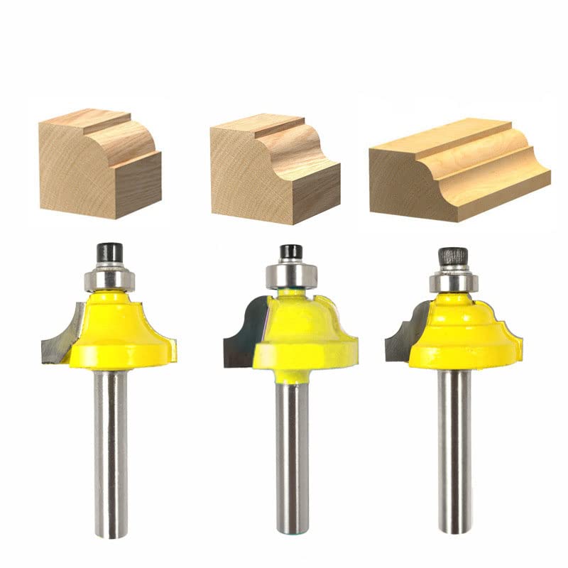 Wilsnsun 1/4 Inch Shank Forming Roundover Beading Router Bit Set Includes Beading Bit, Double Roman Ogee Bit, Roman Ogee Bit with Bearing for Table, Drawer or Cabinet Edges - 1/2" Radius 3Pcs