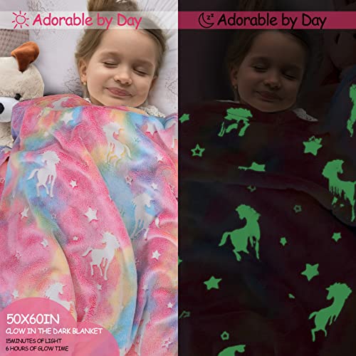 GOPHRALOVE Glow in The Dark Blanket - Unicorn Throw Blanket Birthday Gift for Girls 3 4 5 6 7 8 9 10 Years Old - Soft Cozy Fluffy Flannel Rainbow Unicorn Blanket 50"x60"