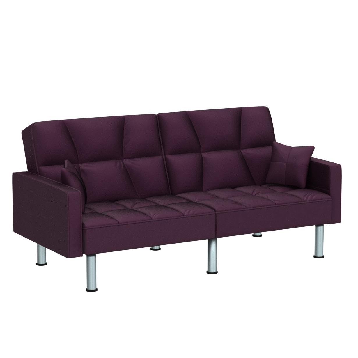 Legend Furniture Velvet Loveseat Futon Convertible Sofa Bed for Living Room and Couch for Bedroom Sofabed Sleeper, 75.5'', Purple