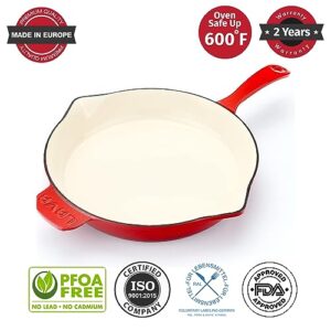 Lava Enameled Cast Iron Ceramic Skillet with Side Drip Spouts - 11 inch Round Frying Pan with White Ceramic Enamel Coated Interior - Edition Series (Red)