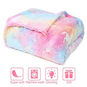 GOPHRALOVE Glow in The Dark Blanket - Unicorn Throw Blanket Birthday Gift for Girls 3 4 5 6 7 8 9 10 Years Old - Soft Cozy Fluffy Flannel Rainbow Unicorn Blanket 50"x60"