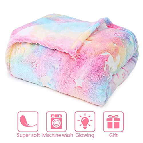 GOPHRALOVE Glow in The Dark Blanket - Unicorn Throw Blanket Birthday Gift for Girls 3 4 5 6 7 8 9 10 Years Old - Soft Cozy Fluffy Flannel Rainbow Unicorn Blanket 50"x60"